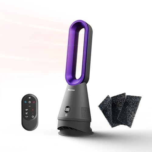 Faryuan Ventilatore senza Pale 3 in 1, Termoventilatore e Purificatore d'Aria, Torre Oscillante con Telecomando, 8 Velocità, Timer 9H, Silenzioso per Casa (Grigio e Viola)