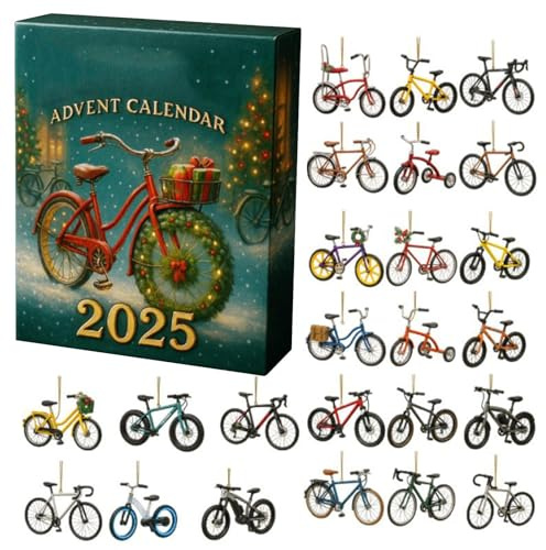 Fahrrad Adventskalender 2025, 24 Tage Weihnachts Countdown Kalender mit 2D-Acryl, Vintage und modernes Fahrrad, Weihnachtsbaum Anhänger, Sammelkalender für Fahrradliebhaber