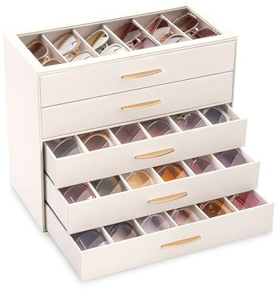 Lolalet Sonnenbrillen Aufbewahrung, Brillenkoffer mit transparentem Glasdeckel Display, Brillenbox Sunglasses Organizer für die Aufbewahrung mehrerer Brillen Schmuck Uhren