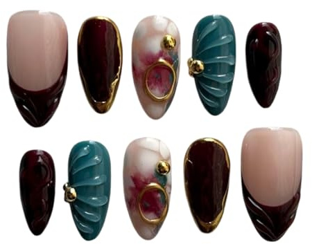 Aribliseza Press On Nails, 10 Pieces (Size S) Handmade Gel Almond Fake Nails, Medium Length with Brown Gradient, Reusable Artificial Nails, Acrylic Nail Set for Women