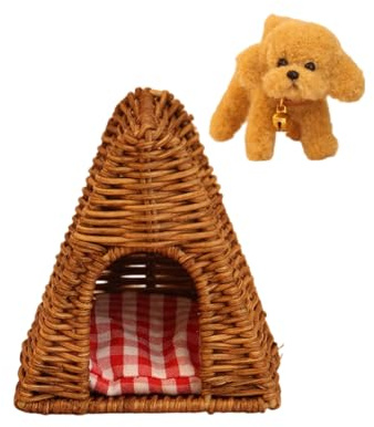 YIGZYCN Geflochtene Rattan-Hundehütte und Hundemodell, Figur 1/12, Puppenhaus-Möbel, Landschaftszubehör für Kinder, Miniatur-Hütte
