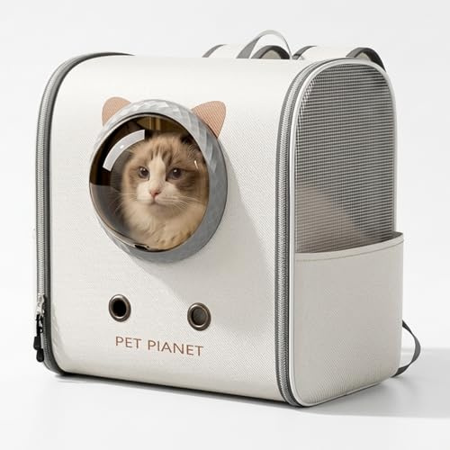 Katzenrucksack mit Fenster bis 10kg, Haustier Rucksack für Katzen Hunde, Belüftet & Ergonomisch mit Rückenstütze Komfortable Transporttasche für Reisen, Radfahren, Tierarzt, Flugzeug & Auto, Beige