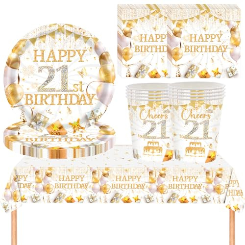 YESAH 53P 21st Birthday Party Tableware Set,White Gold Paper Dinnerware Set | Includes Paper Plates,Cups,Napkins and Reusable Tablecloth for Him,Her Gold Table Decor -16 Guests
