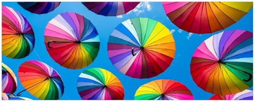 Wallario Küchenrückwand selbstklebend 115 x 50 cm, Motiv: Bunte Regenschirme vor blauem Himmel | Spritzschutz abwischbar & pflegeleicht