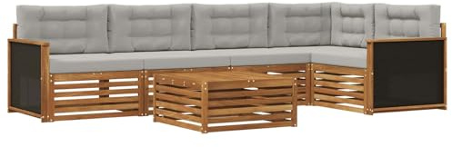 vidaXL Outdoor-Sofagarnitur 6 pcs Natürlich und Hellgrau, Patio Ecksofa, modernes Lounge-Set für draußen, wetterfestes Gartenmöbel für die Terrasse, Bequeme Sitzgelegenheit