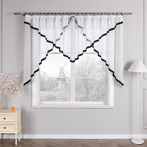HongYa Kuvertstore transparenter Voile Gardine mit Satinbänder Kräuselband Vorhang H/B 145/600 cm Schwarz