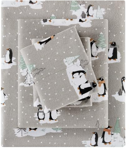 Sleep Philosophy True North by Kuscheliges Flanell-Bettwäsche-Set, 100% Baumwolle, Motiv: Tiere und Sterne, niedlich, ultraweich, für kaltes Wetter, Doppelbett, graue Pinguine, 3-teilig