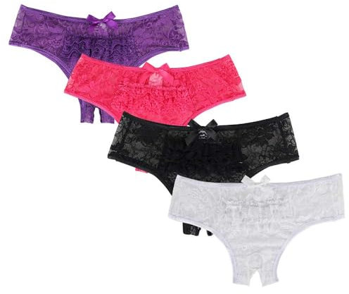 ohyeahlady String Tanga Damen Sexy Höschen Ouvert Slip Spitze Unterwäsche Dessous mit Offener Schritt Große Größen Panty Hipster Soft Blumen Loch Unterhosen Übergröße Mehrfarbig,S