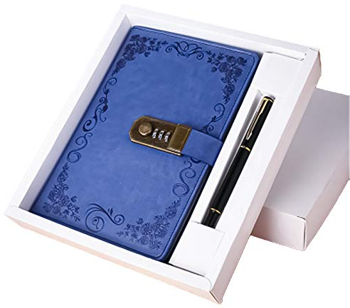 Notizbuch Tagebuch Password Notebook Vintage-PU-Leder-Tagebuch Password Diary Book Notizblock mit Zahlenschloss 100 seiten Vintage Notebook (Blau)