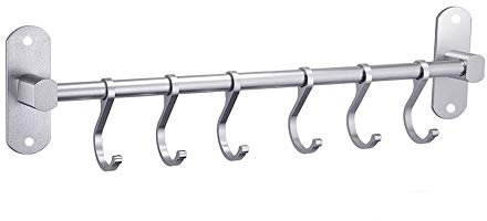 YunNasi Kitchen Rail with 6 Hooks 40cm Kitchen Utensils Rack with Adhesive Pads Aluminum Hanging Rail Rack Wall Mounted Hanger Organizer for Bathroom (Silver, 40 CM)