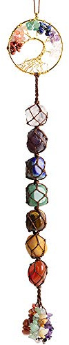 Tree of Life Chakra Stones Healing Crystals Feng Shui Hanging Ornament 7 Chakra Wall Ornaments Meditation Hanging Car Ornament Window Ornament for Home Decor Christmas Tree Decor