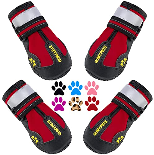 QUMY Dog Shoes for Large Dog, Medium Dogs Boots & Paw Protectors for Winter Snowy Day, Summer Hot Pavement, Waterproof in Rainy Weather, Outdoor Walking, Indoor Hardfloors Anti Slip Sole Red Size 6