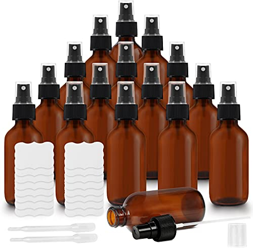 BELLE VOUS Bote Spray Pulverizador Cristal Ámbar 60 ml (Pack de 16) Botella con Rociador 2 Cuentagotas y Etiquetas – Frascos Vacíos Rellenables Aceites Esenciales, Limpieza, Aromaterapia y Perfume