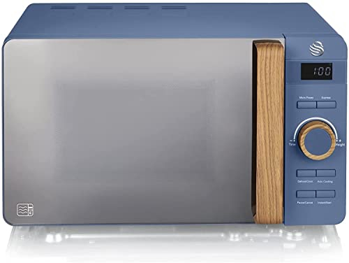 Swan 20L Nordic Digital Microwave, 6 Power Levels, Wood Effect Handle, Soft Touch Housing and Matte Finish, 800W, Blue, SM22036BLUN
