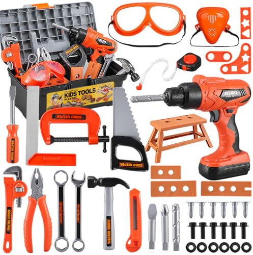Kids Tool Set – Zealous 48 pcs Toddler Tool Set with Tool Box & Electronic Toy Drill, Pretend Play Kids Toys, Toy Construction Tools for Kids Ages 3,4,5,6,7,8 Years Old (A-Orange)