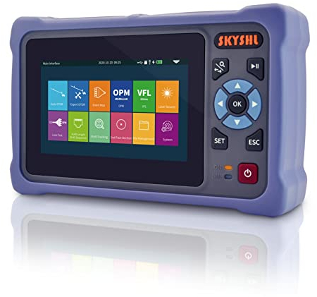 SKYSHL 1310nm/26dB+1550nm/24dB OTDR Messgerät (Eingebaute OPM+OLS+VFL+Ereigniskarte/Event Map) LWL Tester SM 4,3Zoll Touchscreen Optische Zeitbereichs-Reflektometer(SC+FC+ST+LC UPC&APC)-SS304T-2A, Blau+Schwarz