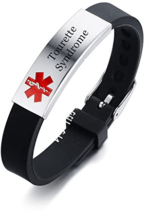 ForeverWill Einstellbares Tourette Syndrom Bewusstseins Armband, Personalisierter Medizinischer Alarm Tourette's Gesundheitszustand Namen Ice Angepasst ID Silikon Armreif für Damen Herren, 4 Farben