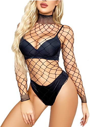 Body Rete Sexy Donna Lingerie Trasparente Maniche Lunghe,Intimo Babydoll Elastico Hot,Tuta Attillata a Collo Alto Unico Pezzo,Indumenti Notte Hollow,Costume Halloween Regalo Natale Clubwear (Nero)
