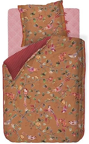 Pip Studio Bettwäsche Good Nightingale Ocker Gold Braun Blumen Zweige Vögel Blüten Baum Streifen Wendedesign Perkal, Größe:155 cm x 220 cm