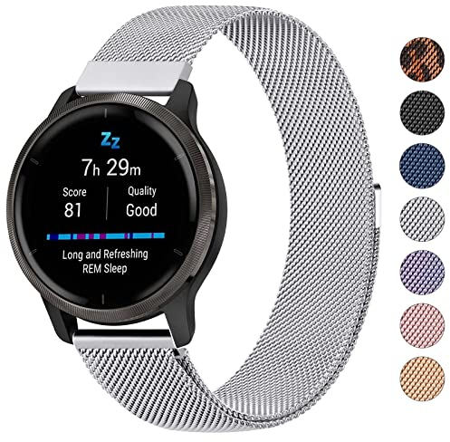 Mugust Armband Kompatibel mit Garmin Vivoactive 4 45mm / Garmin Venu 2 Armband, 22mm Edelstahl Mesh Metall Uhrenarmband mit Magnet für Forerunner 255 Music 46mm Ersatzband (Silber)
