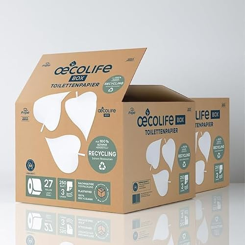 oecolife papier toilette recyclé, 3 couches, 54 rouleaux x 250 feuilles, emballage en vrac, super doux, sans plastique, papier hygiénique, végétalien, papier toilette durable