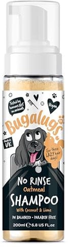BUGALUGS No Rinse Oatmeal Dog Shampoo - Professional grooming dog dry shampoo for itchy dog skin relief. Puppy shampoo from 8 weeks, foam dog shampoo sensitive skin