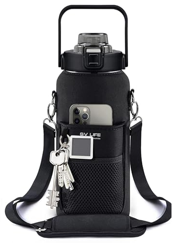 Gourde Graduée Motivation 2L | incl. Housse Néoprène avec Poches, Bandoulière, Paille, Brosse | Bouchon Étanche Automatique avec Sécurité | Boutelle pour Sport, Gym, Trekking | sans BPA