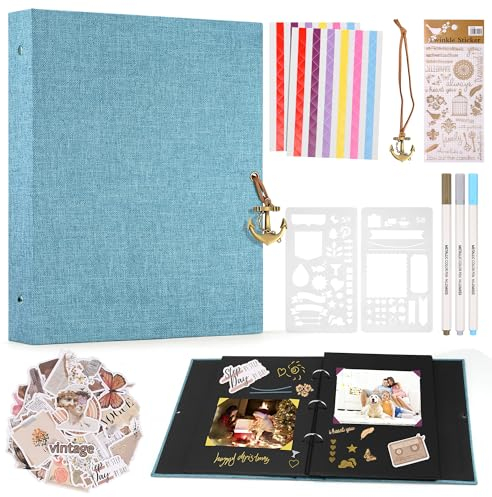 DazSpirit Leinen Fotoalbum,Fotoalbum Zum Selbstgestalten Mit 60 Seiten Schwarze Scrapbook, Inkl.3 Metallic Farbmarker, 2 Malschablonen, Verschiedene Aufkleber, Scrapbook Für Hochzeit Familie (Blau)