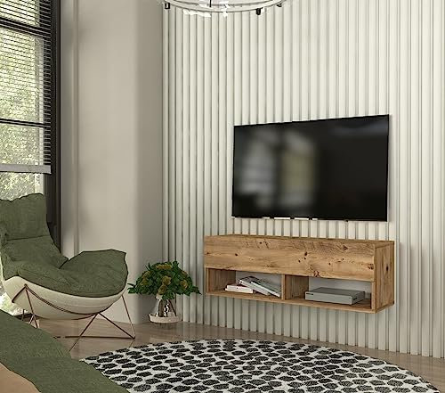 DORPEK Metropol Tv Stand White 100 Cm, 32- 47, Wall Mounted Floating TV Unit, Floating Tv Stand With Cabinet and 2 Open Shelves, Entertainment Unit, Living Room, Bedroom, Dining Room