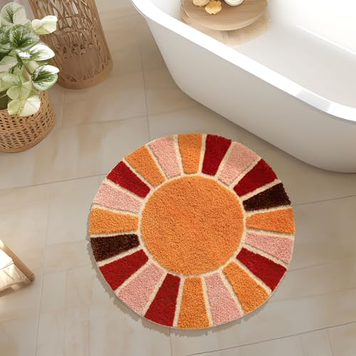 NOTASA Runde Boho-Badezimmerteppiche, kreisförmig, niedlicher böhmischer Badteppich für Schlafzimmer, kleiner Teppich, Heimdekoration, rutschfester Duschvorleger, lustig, waschbar, Bodenmatte, Sonne,