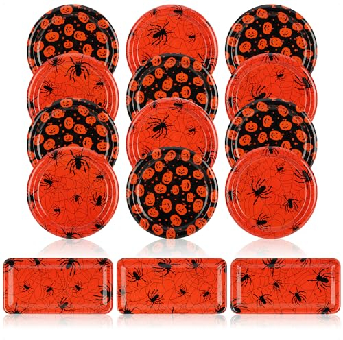 Com-four® 15x Piatti Decorativi Halloween - Riutilizzabili in Plastica Con Design Ragno e Zucca - per Uso Alimentare - 2 Forme (15 Pezzi)