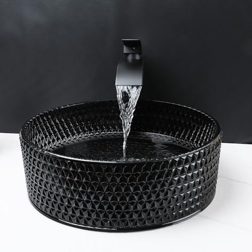 Focitland Black Crystal Bathroom Vessel Sink with Waterfall Faucet and Drain Combo,16 Inch Diamond Shaped Tempered Glass Sink Above Counter Round Bathroom Sink Bowl Art Basin