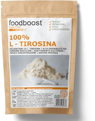 L - Tirosina pura in polvere 200g foodboost, senza additivi - con dosatore - perfetta nello shaker per proteine in polvere, marchio di fiducia italiano, pre workout - 100 DOSI