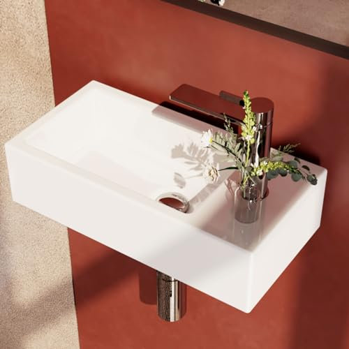 EMKE Keramik Waschbecken Hängewaschbecken mit dünnem Rand Eckiges Design Handwaschbecken Waschtisch Für Badezimmer Gäste-WC (365x180x90mm, Weiß)