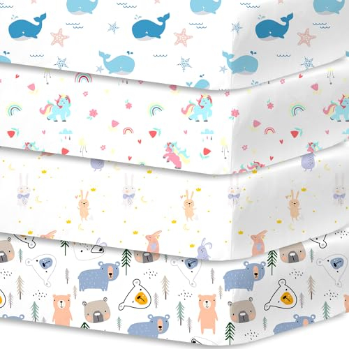 Bimocosy Spannbettlaken 70x140cm, 4er Set für Babybett & Kinderbett, Weiche Mikrofaser, Atmungsaktiv & Oeko-TEX Zertifiziert, Waschbar, Wal/Einhorn/Häschen/Bär