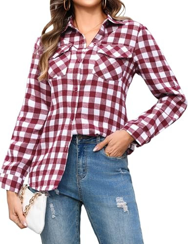 Aottori Damen Baumwolle Hemd Kariertes Karo-Hemd Langarm Button-down V-Ausschnitt Karohemd Bluse Tunika Tops Hemd T-Shirt Casual Freizeit Sommer Blusenshirt Weinrot L