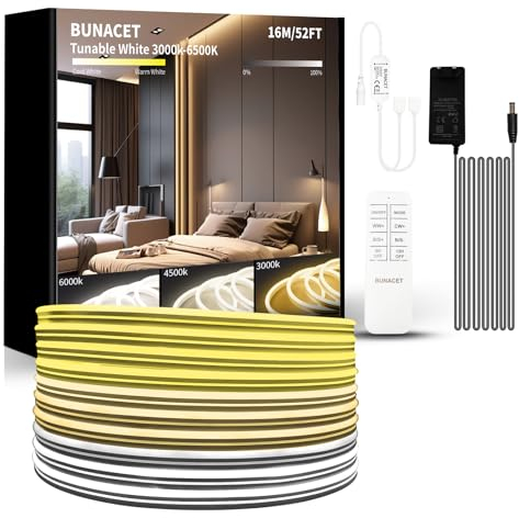 BUNACET LED Strip Warmweiss 16M 24V, LED Streifen Warmweiß 3000K-6500K Kaltweiß Dimmbar, Wasserdicht Flexibel LED Band mit Fernbedienung und Netzteil, Silikon Lichtband für Innen Aussen, 2x8M