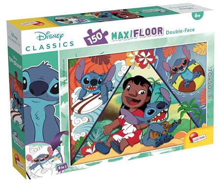 Lisciani - DISNEY LILO & STITCH Maxi-Bodenpuzzle - 150 Teile - Für Kinder ab 6 Jahren - 50x70cm - Großes Puzzle Tropische Erkundung mit Lilo und Stitch - Entwickelt Reflexion und Geschicklichkeit