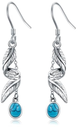 POPLYKE Western West Türkis Feder Ohrringe Sterling Silber Feder Hängend Ohrringe Boho Schmuck Geschenke für Frauen