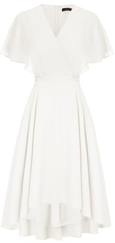 CURLBIUTY Robe De Mariée pour Femmes, Col en V, Ourlet À Volants, Robe De Cocktail Élégante, Ligne A, Robe Midi en Mousseline De Soie, Blanc 46