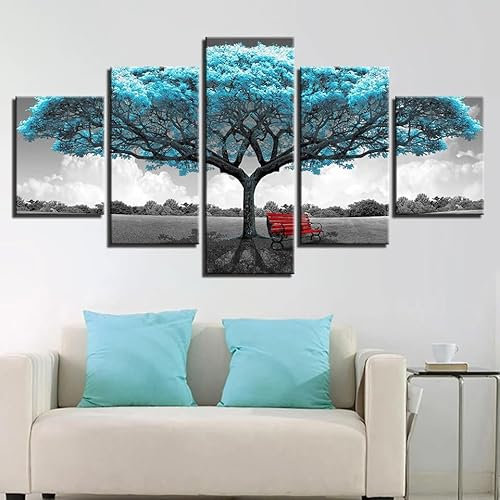 WAGYU 5 teilige bilder Blauer großer Baum-roter Stuhl 5 teilige Leinwandbilder Bilder,5 teilig wandbild,leinwanddrucke 5 stück wandkunst,bilder wohnzimmer modern leinwand Malerei,xxl bilder,200x100cm