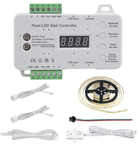 LED Stair Lights PIR Motion Sensor Controller, DC12-24V Daylight Sensor Speed brightness time pixels Adjustable, Max Pixels 512 (Controller+5M Single Color LED Strip)