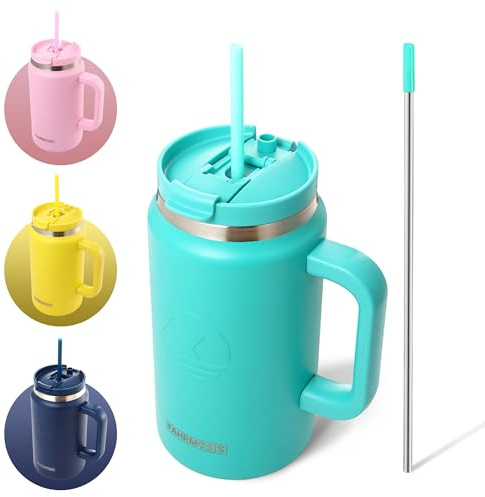 FAHRMOSIS 50 Oz Tumbler with Handle and Straw Large Insulated Tumbler Stainless Steel Travel Mug for Hot & Cold Drinks, Reusable Water Bottle with Lids and Straw - Teal