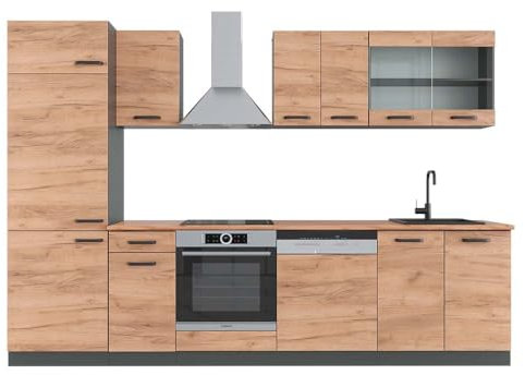 Vicco Küchenzeile R-Line, Küchenblock, Goldkraft Eiche/Anthrazit, 300 cm, AP Eiche