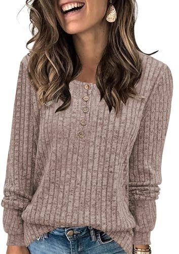 Famulily Women's Long Sleeve Tops Lightweight Soft Casual Ladies Button Up Crew Neck Jumpers