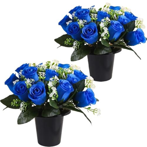 Etomvoop Lot de 2 roses artificielles en pot - 12 roses artificielles pour funérailles - Décoration de Noël