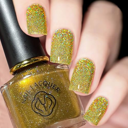 Holographic Nail Varnish, Glitter Nail Polish, Quick Dry Long Lasting, Chip Resistant Non-Toxic, 21#Gold Nude (No UV)