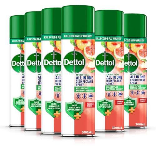 Dettol Antibacterial All In One Disinfectant Spray, Summer Fruits, 300ml (6 300ml, Total 1.8L), Household Sanitizer, Hard Surfaces and Upholstery, No Wiping Required, Kills 99.9 Percent of Germs