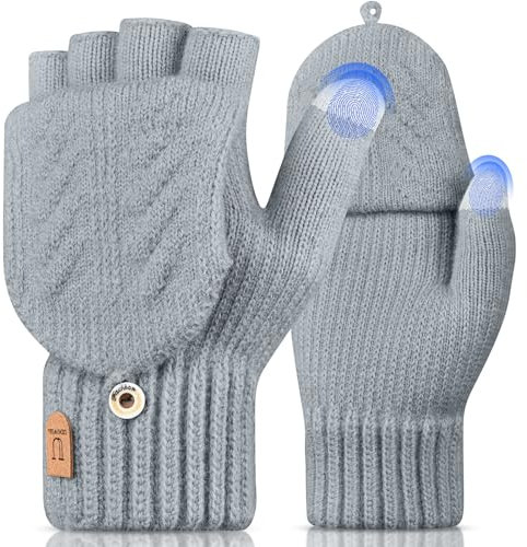 UKNOWISA Fingerlose Handschuhe Thermo Winterhandschuhe Handschuh-Klappe Touchscreen Laufen Radfahren Fahren für Herren und Damen (GRAU)