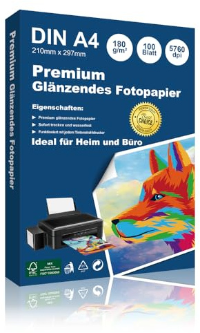 Hepta Print 60 Blatt Glänzendes Fotopapier A4 180 g/m², Inkjet A4 Glänzend Fotokarten für Canon Epson HP Tintenstrahldrucker Photokarten Sofort Trocken Wasserfest Hochweiß Fotoblätter (60)